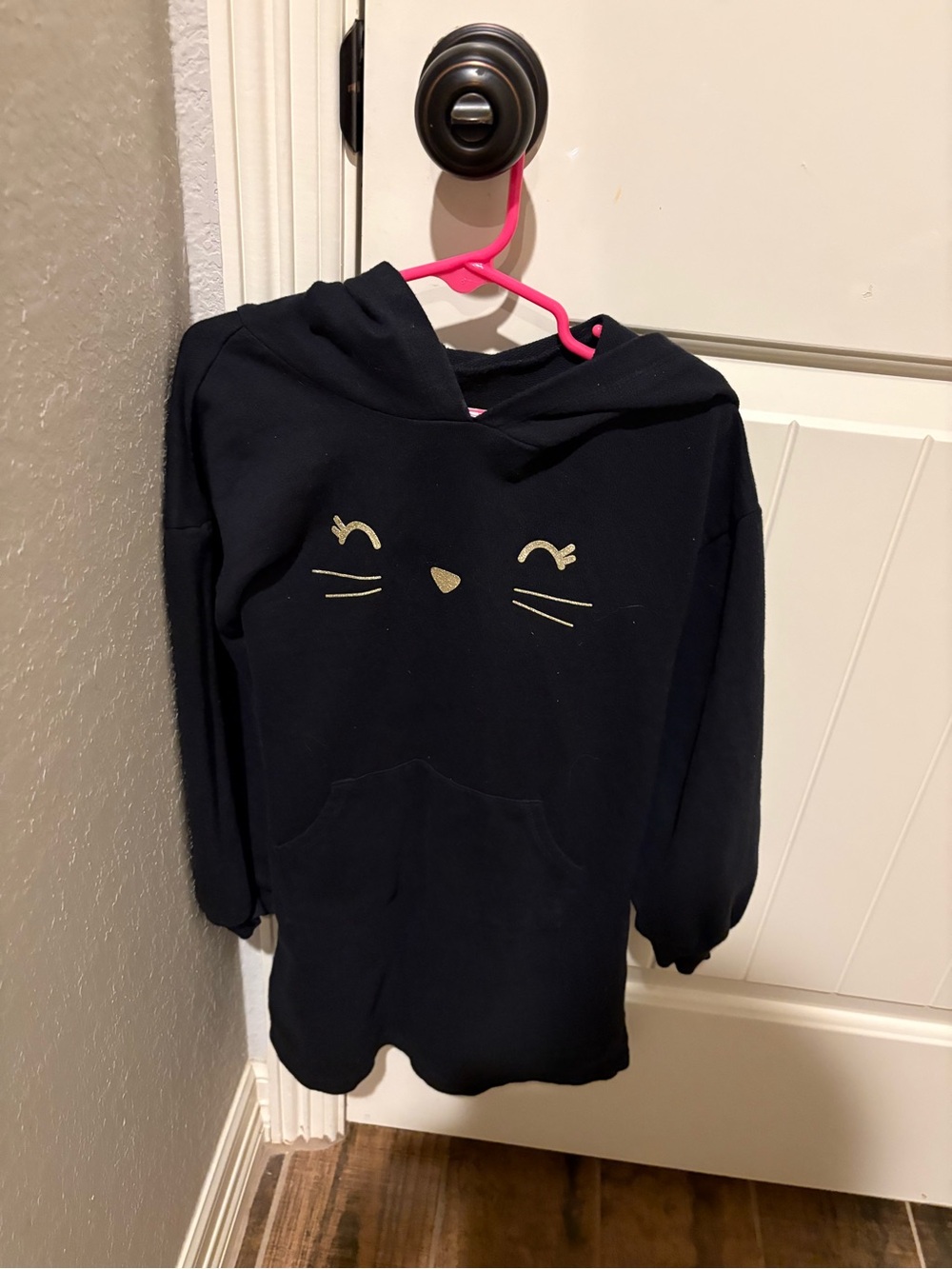 Kids Black Hooded Pullover Tunic Dress with Gold Cat Face